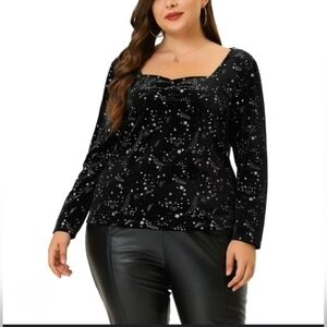 Black Starry Crushed Velour Long Sleeve Top 2x Nwt Plus
